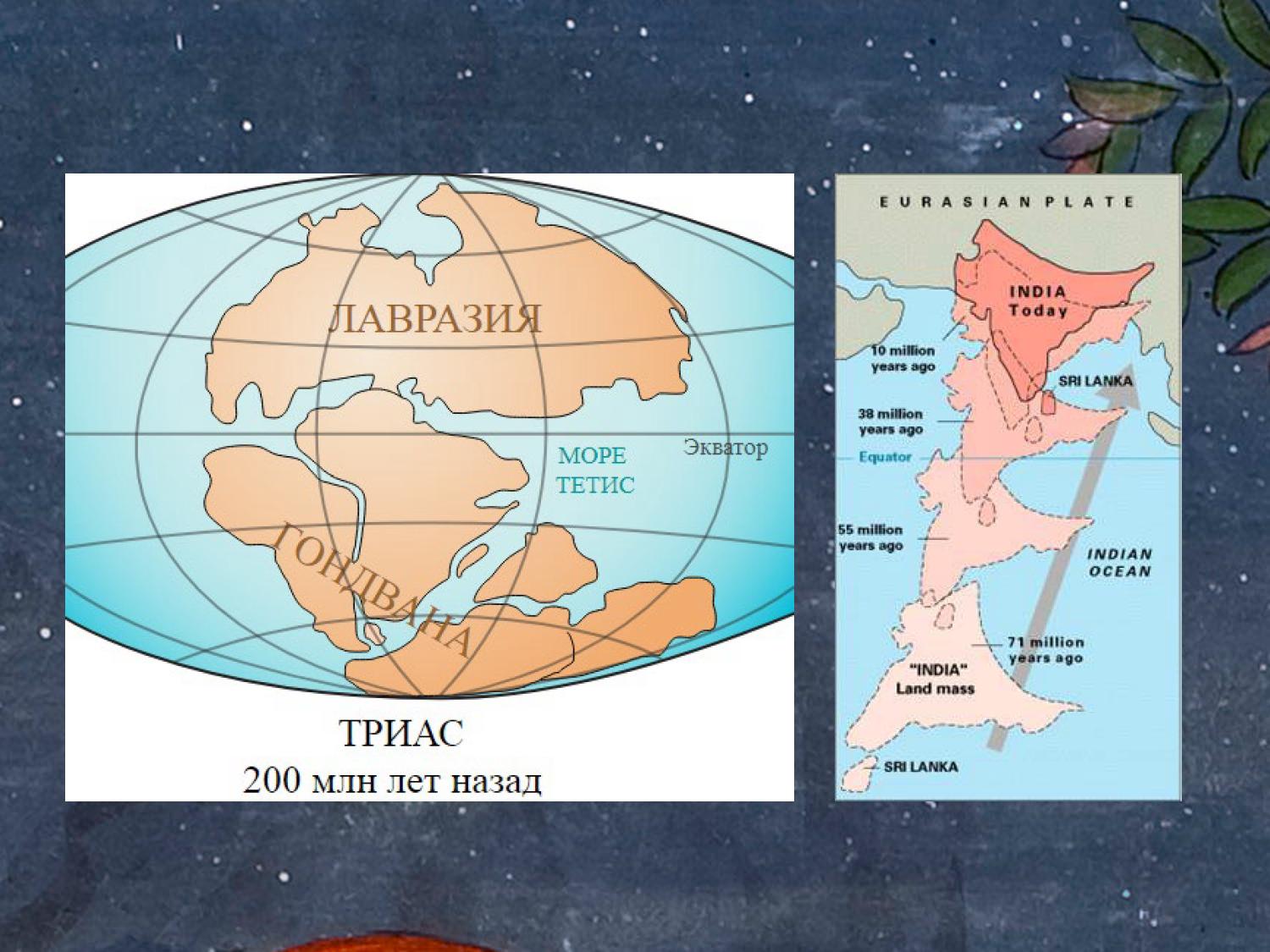 Разделение Лавразии и Гондваны (триас, 200 млн лет назад) и движение Индостана к Евразийской плите