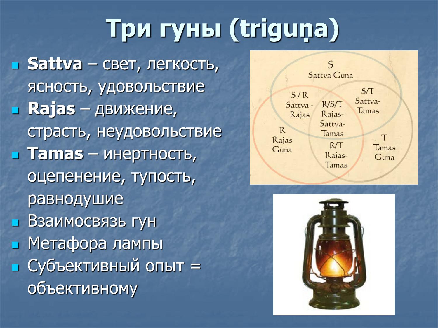Три гуны: саттва (свет, удовольствие), раджас (страсть, движение), тамас (инертность). Метафора лампы