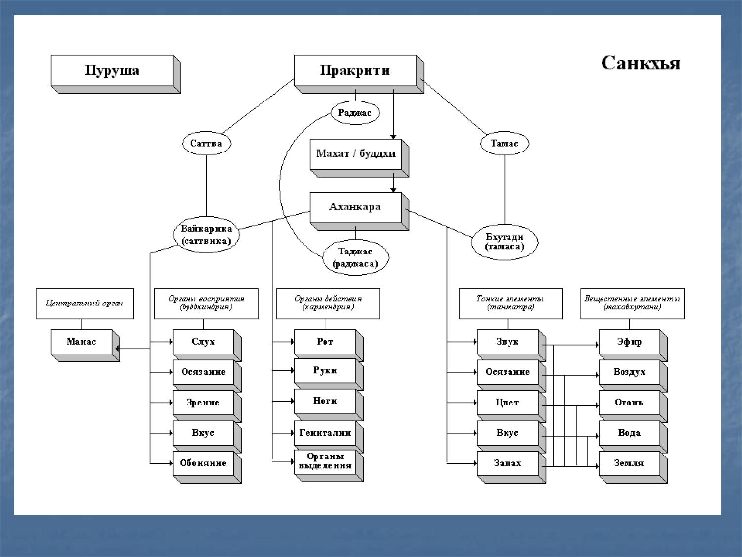 Схема санкхьи: 25 таттв — от пракрити через буддхи, аханкару к органам чувств и первостихиям